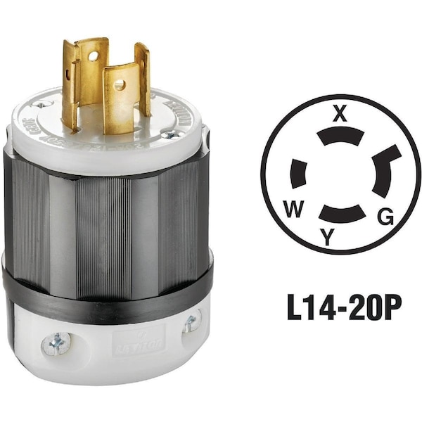 Locking Plug, L14-20P, 20 A, 125/250V AC, Single Phase, 3 Pole, Screw Terminals, Black, White